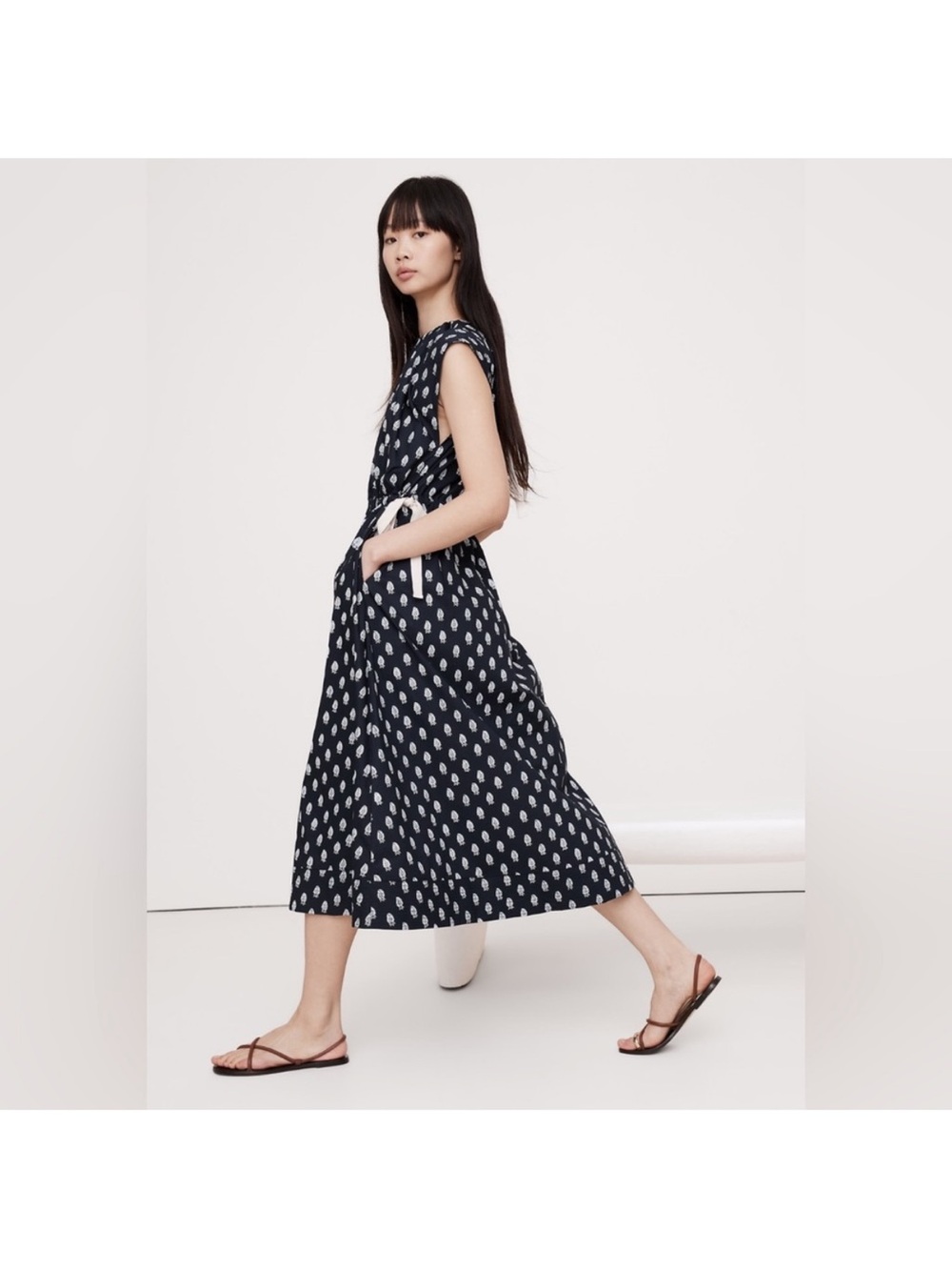 Banana Republic Cotton Poplin Tie-Waist Midi Dress Navy White Print Size M